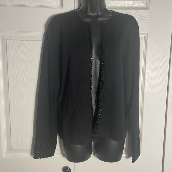 Y2K Talbots Cardigan Women Medium Black Silk Blend Knit Beaded Open Front Top - Picture 1 of 15